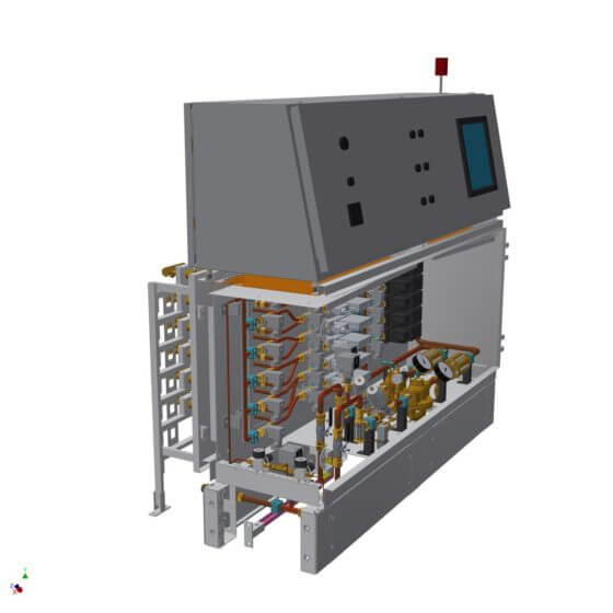 Gas mixing system (control desk design) for the safe and reproducible generation of 8 fuel gas mixtures from hydrogen and oxygen for flame polishing of high-quality glass containers (perfume vials and cream jars etc.)