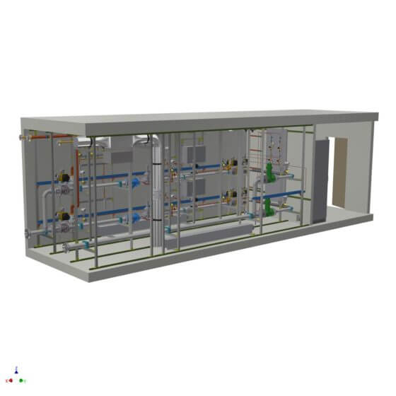 Dynamic gas mixing system in a container with redundant process control system, gas analysis and gas mixing lines for the generation of 2 x 1200 Nm³/h H2/N2 shield gas to supply the float glass bath