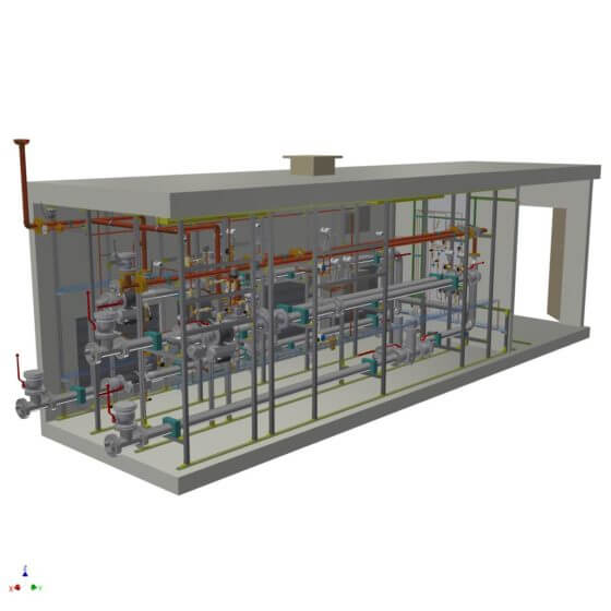 Planta de mezcla dinámica de gases en un contenedor con sistema de control de proceso redundante, análisis de gases y mezcla de gases para la producción de 2 x 1.600 H2/N2 de gas protector para abastecer el baño de vidrio flotado