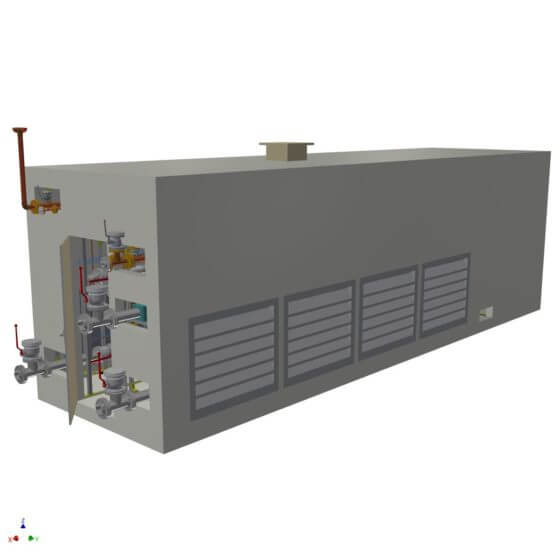 Planta de mezcla dinámica de gases en un contenedor con sistema de control de proceso redundante, análisis de gases y mezcla de gases para la producción de 2 x 1.600 H2/N2 de gas protector para abastecer el baño de vidrio flotado