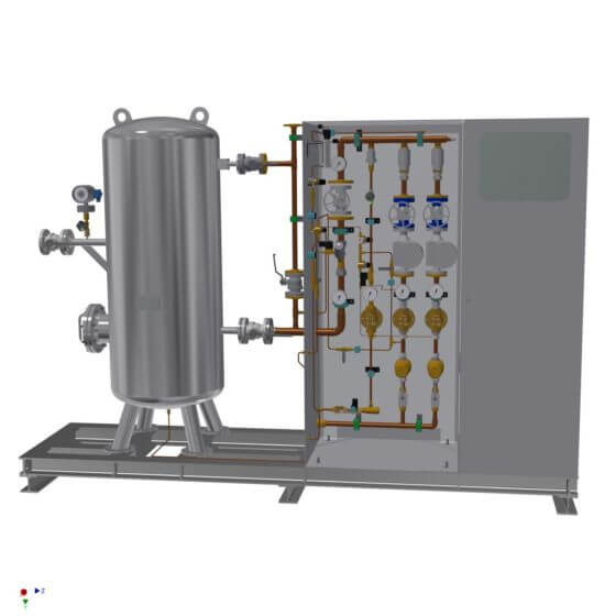 Static gas mixing system for the generation of 500 Nm³/h shield gas (N2/H2). System with 500 l buffer, gas analyzer, completely mounted on steel frame