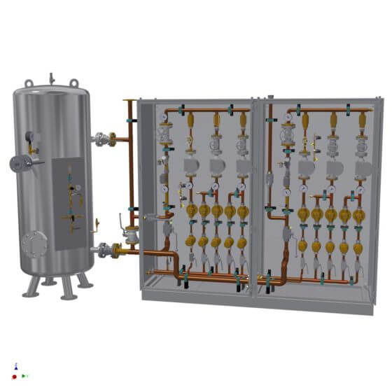 Mélangeur de gaz statique redondant pour la production de 600 Nm³/h de gaz protecteur (N2/H2), y compris une cuve de 500 l pour une installation de bandes de cuivre.
