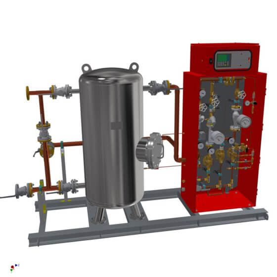 Static gas mixing system for the generation of 500 Nm³/h shield gas (N2/H2). System with 500 l buffer, gas analyzer, completely mounted on steel frame