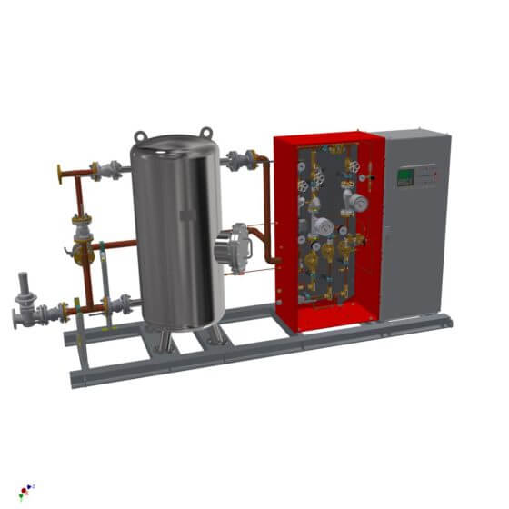 Static gas mixing system for the generation of 240 Nm³/h shield gas (N2/cracked gas). System with 500 l buffer, gas analyzer, completely mounted on steel frame