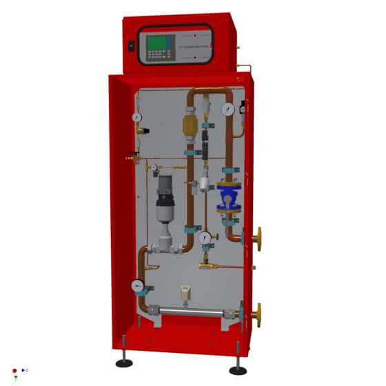 Mezclador de gas con analizador de gas para un horno de solera de rodillos para mezclar el nitrógeno N2 con el hidrógeno H2 para producir hasta 460 Nm³/h de mezcla de gases protectores (N2/H2), ajustable de 0 % a 5 % de H2 en N2