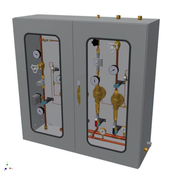 Statischer Gasmischer für Wasserstoff mit Stickstoff (H2/N2) 5-25 bar , Gasgemisch 5-10% H2 in N2 bei 0,1-3 barg einstellbar; Leistung bis zu 100 Nm³/h . Kombination in einem Gehäuse mit 3-fach Druckregelstrecke für 2x N2 und 1x H2 zur Regelung von 6...25barg auf 3,5...4 barg