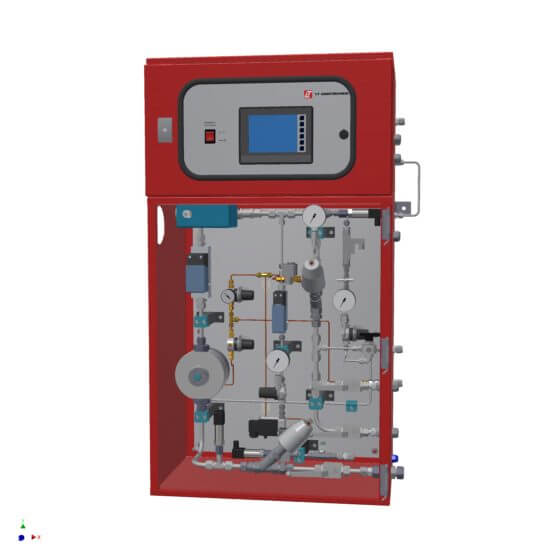 MFC-basierter Gasmischer für die Gase Wasserstoff (H2) und Stickstoff (N2) in Edelstahl-Ausführung mit Gasanalysator und komfortabler touch-screen SPS