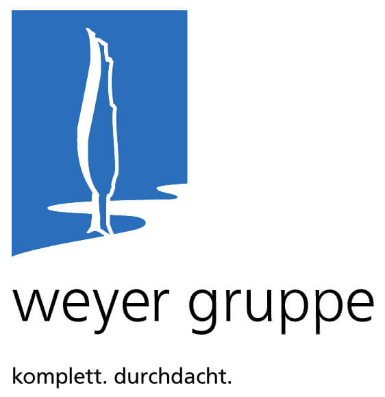 Logotipo del grupo weyer con la afirmación "completo". bien pensado".