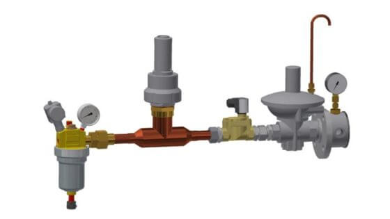 Two staged pressure control system with filter and safety valve